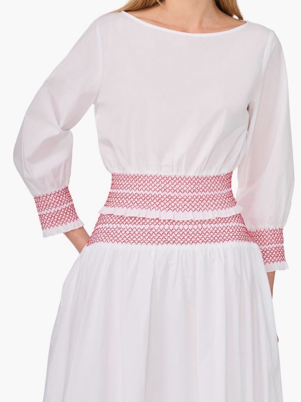 1 State White A line skirt and blouse set with Red Smocked Waist and Cuffs